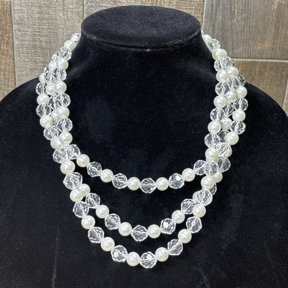 Vintage Mid Century 3 Strand Clear Glass Crystal Faux Pearl Bib Necklace